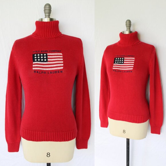 Ralph Lauren POLO Red embroidered flag American turtleneck tunic sweater RRL L - Picture 1 of 9